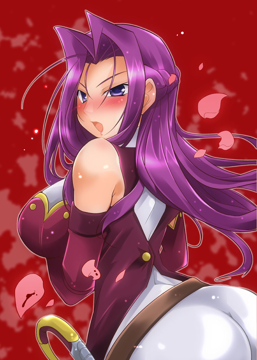 kazahana chiruwo, cornelia li britannia, code geass, highres, 00s, ass, blood, blush, breasts, cherry blossoms, elbow gloves, gloves, large breasts, long hair, looking back, petals, purple eyes, purple hair, solo, sword, weapon