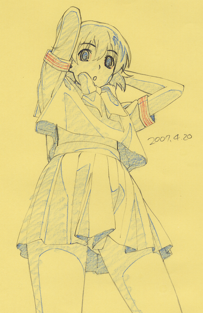 shiwasu takashi, graphite (medium), traditional media, 1girl, dated, female focus, monochrome, school uniform, serafuku, sketch, solo, yellow theme
