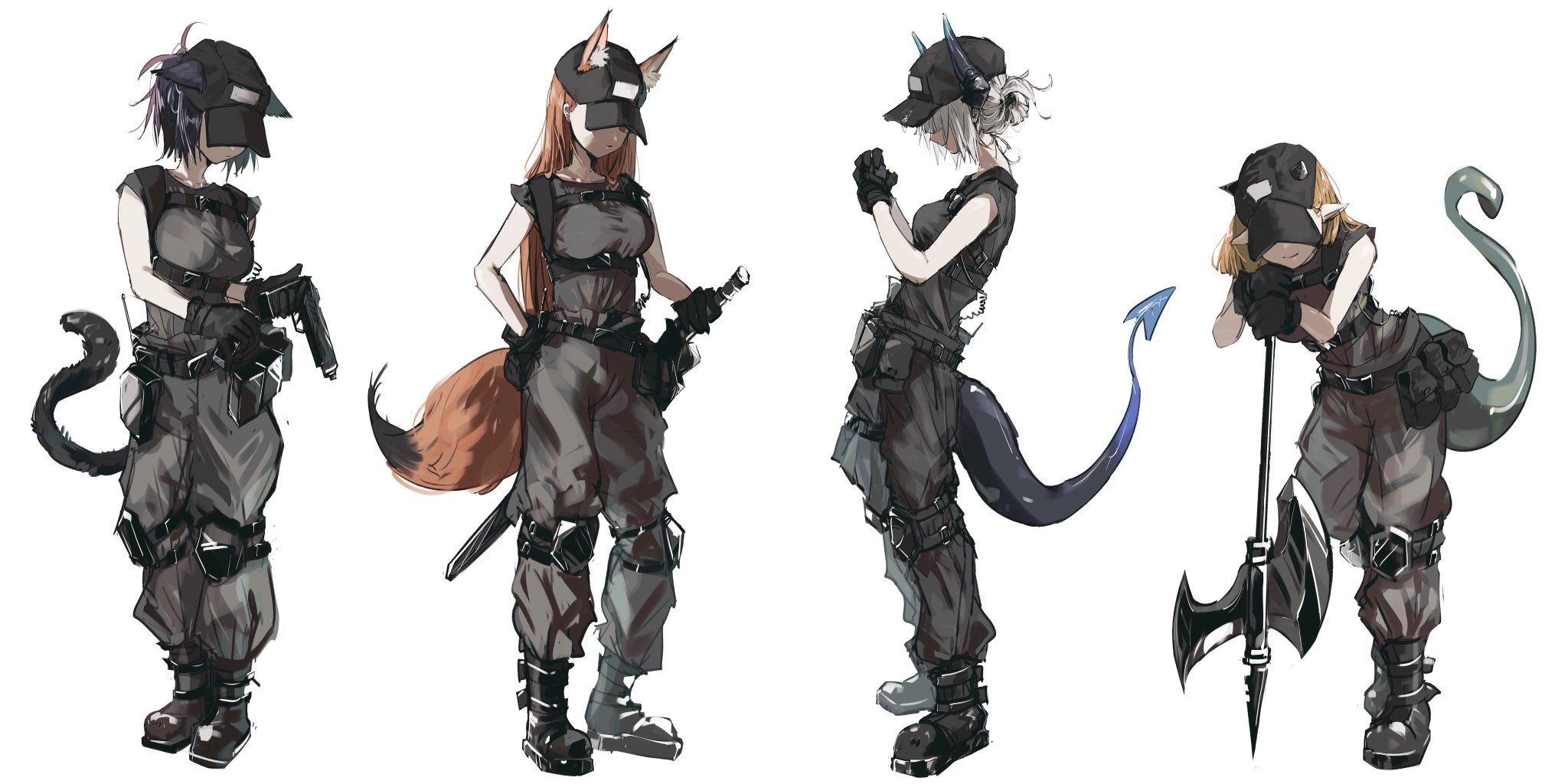 pppmepl, franka (arknights), jessica (arknights), liskarm (arknights), vanilla (arknights), arknights, commentary, highres, 4girls, alternate costume, animal ear fluff, animal ears, axe, baseball cap, black pants, black shirt, black shoes, blacksteel worldwide (arknights), blonde hair, breasts, brown hair, cat ears, cat girl, cat tail, dragon girl, dragon horns, dragon tail, fox ears, fox girl, fox tail, from side, full body, grey hair, gun, handgun, hat, holding, holding axe, holding gun, holding sword, holding weapon, horns, long hair, multiple girls, pants, pointy ears, shirt, shoes, short hair, simple background, standing, sword, tail, weapon, white background