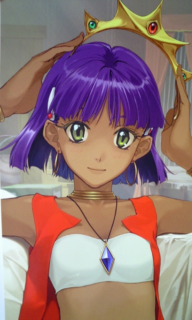 nadia la arwall, fushigi no umi no nadia, artist request, 1990s (style), 1girl, bandeau, bandeau bikini, bracelet, crown, dark-skinned female, dark skin, earrings, female focus, flat chest, green eyes, hair ornament, hairclip, hat, jewelry, neck ring, necklace, purple hair, retro artstyle, short hair, solo, strapless, tube top, vest