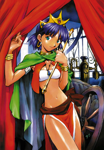 sadamoto yoshiyuki, nadia la arwall, fushigi no umi no nadia, baton, lowres, official art, 1990s (style), 1girl, armband, armlet, bandeau, blue eyes, bracelet, cape, crown, dark-skinned female, dark skin, female focus, hat, jewelry, loincloth, neck ring, purple hair, retro artstyle, short hair, solo, strapless, tube top, vest