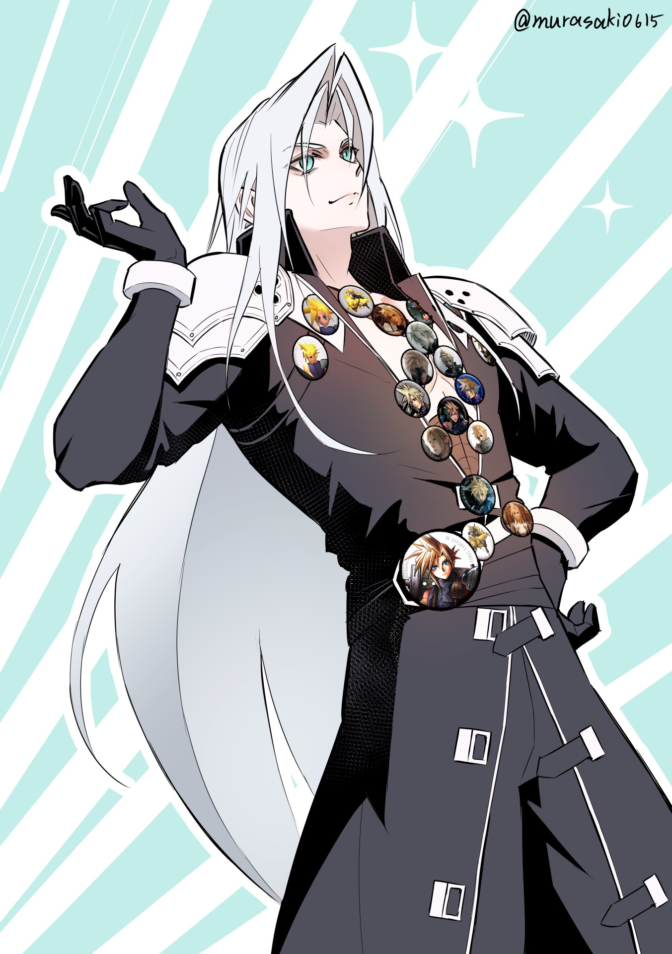 zi (murasaki0615), cloud strife, sephiroth, final fantasy, final fantasy vii, commentary, commentary request, english commentary, highres, mixed-language commentary, 1boy, armor, badge, black gloves, button badge, character badge, closed mouth, gloves, grey hair, implied yaoi, long hair, long sleeves, male focus, merchandise, oshi-katsu, pauldrons, shoulder armor, slit pupils, sparkle, standing, twitter username