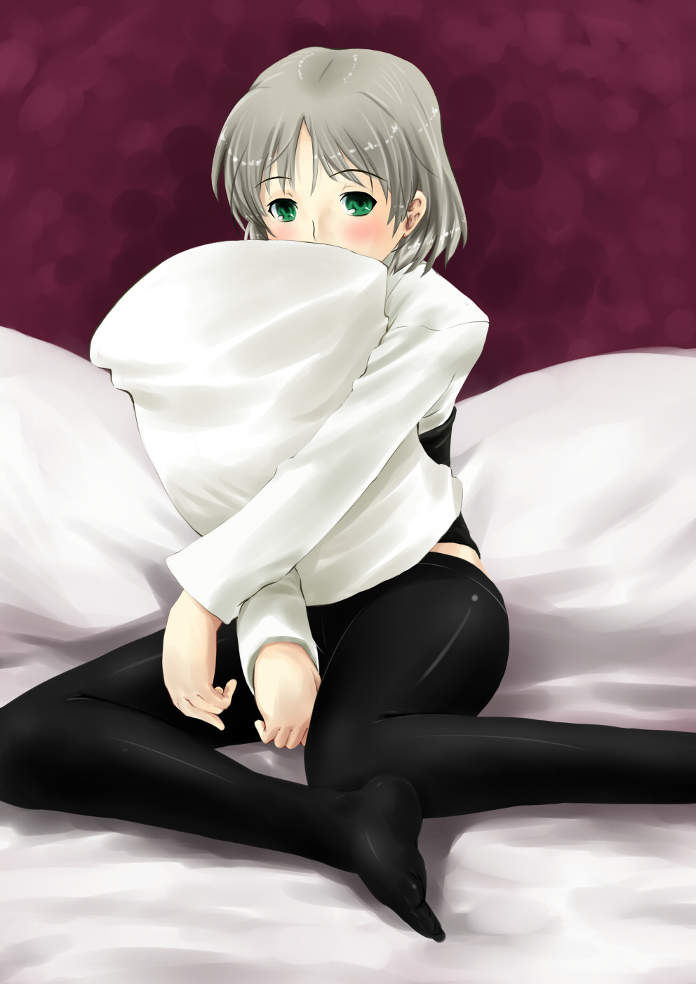 ameyoii, sanya v. litvyak, strike witches, world witches series, bad id, bad pixiv id, highres, 00s, 1girl, black pantyhose, crotch seam, feet, female focus, green eyes, grey hair, hugging object, pantyhose, pillow, pillow hug, solo