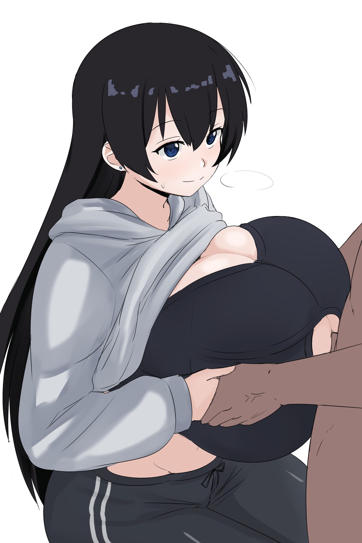 naozuri, arato nagi, ruri no houseki, highres, 1boy, 1girl, black bra, black hair, black pants, blue eyes, bra, breasts, cleavage cutout, clothing cutout, gigantic breasts, grey hoodie, hetero, hood, hoodie, paizuri, pants, perpendicular paizuri, smile, underwear