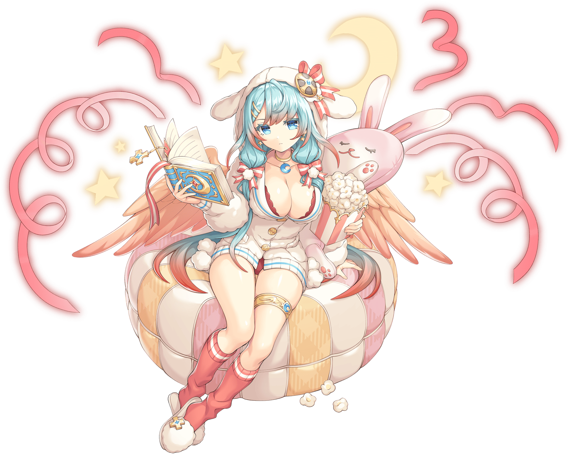 uriel (legend clover), legend clover, artist request, game cg, highres, official art, third-party source, 1girl, blue eyes, blue hair, book, bow, breasts, cleavage, collar, crescent moon, cross, earrings, feathered wings, full body, hair bow, holding, holding book, jewelry, moon, multicolored hair, multiple hair bows, official alternate costume, orange hair, pajamas, sitting, slippers, solo, star (sky), star (symbol), star earrings, transparent background, wings