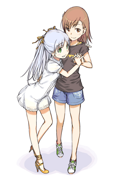 haimura kiyotaka, index (toaru majutsu no index), misaka mikoto, toaru kagaku no railgun, toaru kagaku no railgun s, toaru majutsu no index, toaru majutsu no index: old testament, 00s, 2girls, blue hair, blush, brown eyes, brown hair, dress, female focus, green eyes, hair ribbon, heart, high heels, holding hands, hug, leaning forward, long hair, multiple girls, ribbon, sandals, see-through clothes, shoes, short hair, shorts, smile, sneakers, twintails, yuri