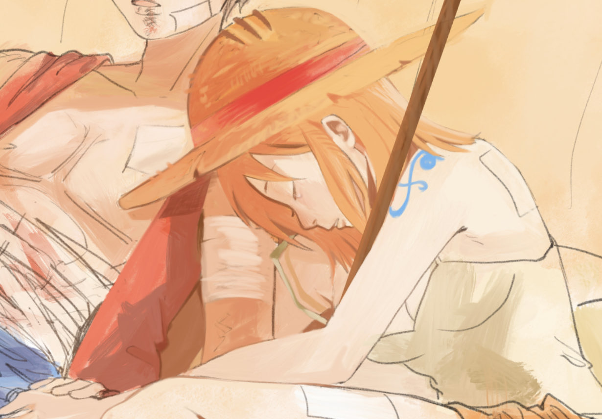 monkey d. luffy, nami (one piece), one piece, commentary, english commentary, 1boy, 1girl, bandaged arm, bandaged torso, bandaged waist, bandages, bandaid, bandaid on back, bandaid on chest, bandaid on face, bandaid on thigh, bare shoulders, black hair, breasts, bruise, bruise on face, camisole, cleavage, closed eyes, collarbone, from side, green camisole, hat, head on another's shoulder, holding hands, injury, leaning on person, lying, medium breasts, on back, open clothes, open mouth, open vest, orange hair, parted lips, pectorals, profile, red vest, short hair, shoulder tattoo, sitting, sleeping, spaghetti strap, staff, straw hat, tattoo, tonimoon, upper body, vest