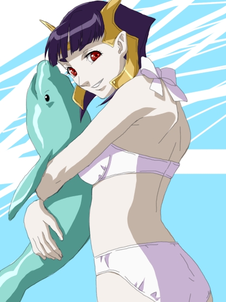 ester ein astrada, kenran butou sai, 00s, 1girl, bikini, blunt bangs, bob cut, dolphin, female focus, hug, looking back, purple hair, red eyes, short hair, sidelocks, smile, solo, swimsuit