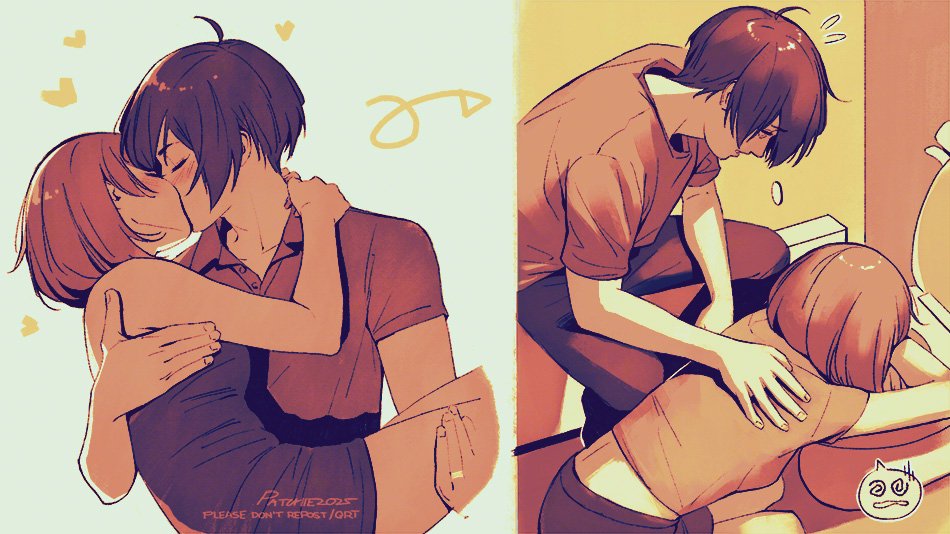 paaaatchieee, takeba yukari, yuuki makoto (persona 3), persona, persona 3, hashtag-only commentary, 1boy, 1girl, @ @, ahoge, arms around neck, arrow (symbol), bare shoulders, bathroom, blue hair, blush, brown hair, carrying, closed eyes, couple, dizzy, dress, facing another, feet out of frame, flying sweatdrops, heart, hetero, indoors, jewelry, kiss, leaning forward, leaning on object, looking at another, pants, princess carry, ring, sepia, shirt, short hair, short sleeves, sitting, strapless, strapless dress, toilet