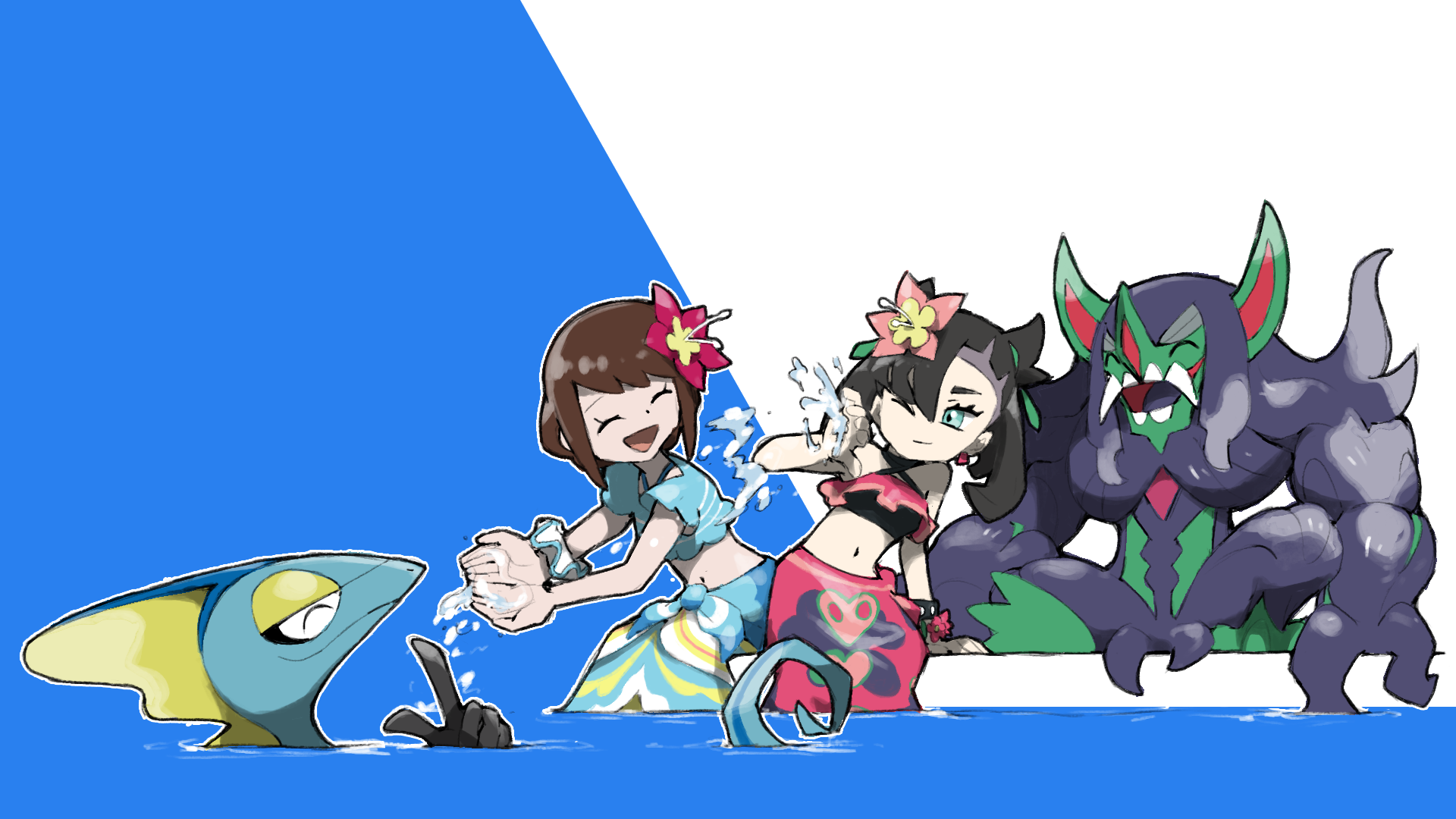 blacknirrow, gloria (pokemon), gloria (summer 2021) (pokemon), grimmsnarl, inteleon, marnie (pokemon), marnie (summer 2021) (pokemon), nintendo, pokemon, pokemon masters ex, commentary, highres, 2girls, ;), asymmetrical bangs, black hair, blue sarong, brown hair, closed eyes, closed mouth, dot nose, eyelashes, fangs, flower, gen 8 pokemon, hair flower, hair ornament, multiple girls, navel, official alternate costume, one eye closed, open mouth, outline, partially submerged, pink flower, pink sarong, pointy ears, pointy nose, pokemon (creature), sarong, short hair, simple background, smile, splashing, stomach, teeth, twintails, two-tone background, undercut, water, white outline