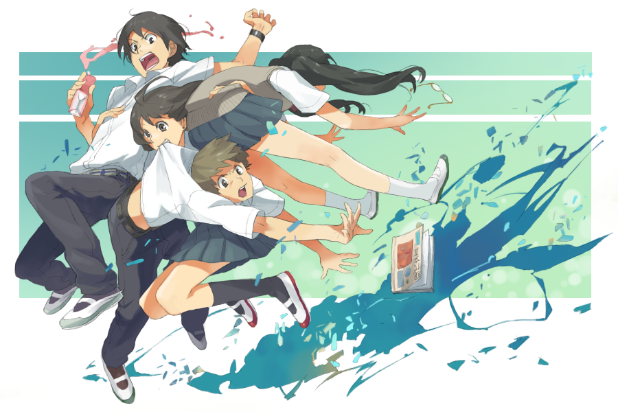 nishihara isao, white legwear, bad id, bad pixiv id, 2boys, 2girls, black eyes, black hair, black socks, blouse, book, carrying, collared shirt, glasses, juice, juice box, jumping, kneehighs, lifting person, long hair, miniskirt, mouth hold, multiple boys, multiple girls, school uniform, serafuku, shirt, shoes, skirt, socks, spill, surprised, teeth hold, uwabaki, v-shaped eyebrows, white shirt