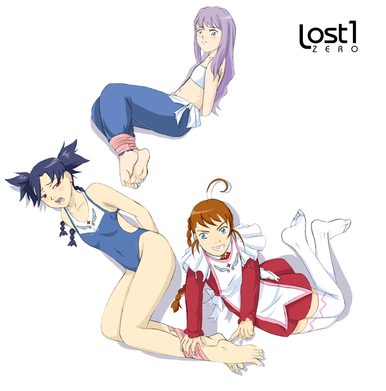 lost one zero, arika yumemiya, mashiro blan de windbloom, nina wang, my-otome, highres, 00s, 3girls, artist name, bdsm, blue hair, blush, bondage, bound, brown hair, dress, feet, flat chest, garderobe swimsuit, garderobe uniform, long hair, multiple girls, one-piece swimsuit, open mouth, purple hair, school swimsuit, school uniform, smile, swimsuit, tape, tape bondage, thighhighs, tickle torture, tickling, tickling feet, wiggling toes
