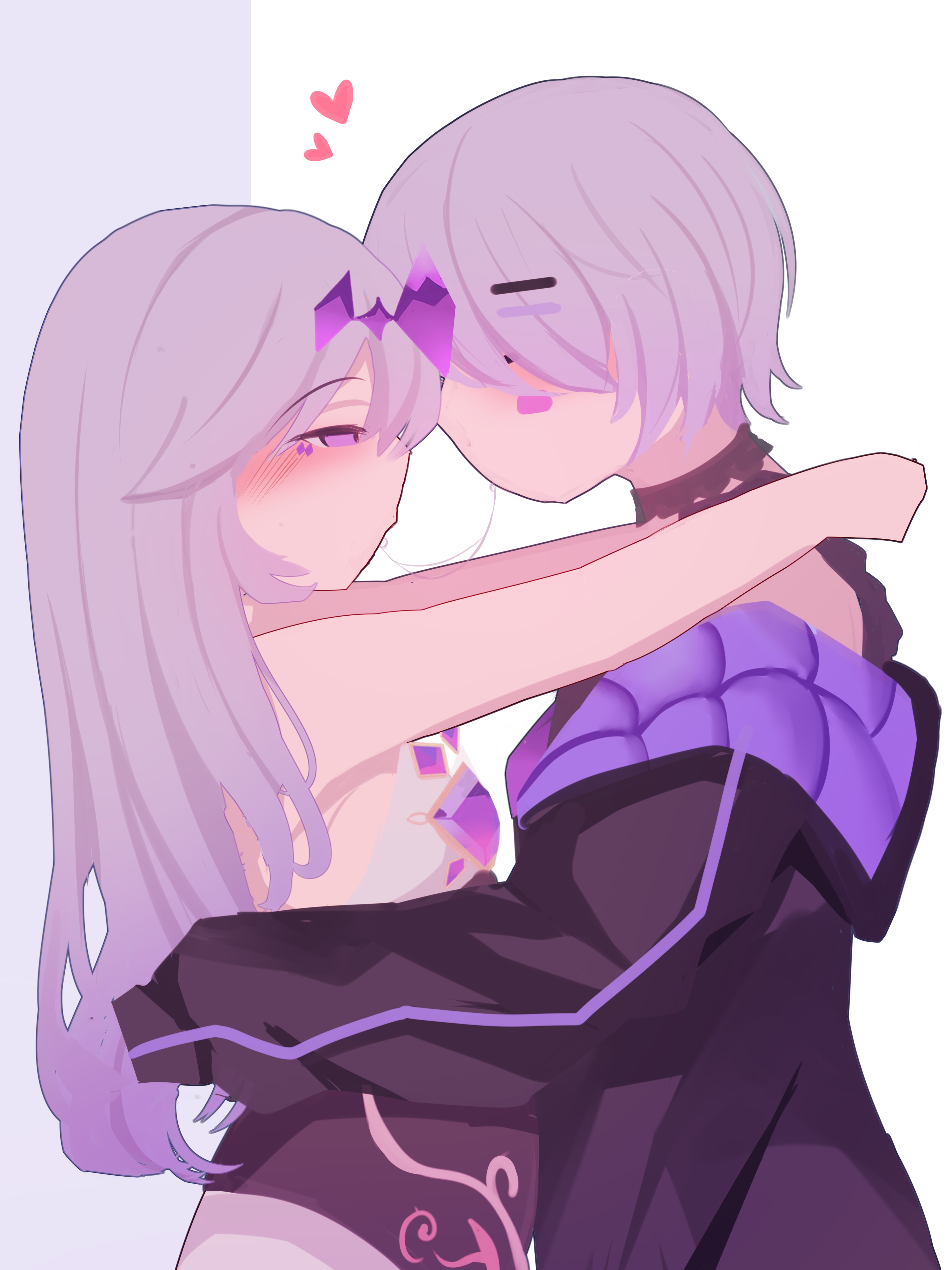 viqur, koseki bijou, koseki bijou (1st costume), koseki bijou (casual), hololive, hololive english, absurdres, highres, 2girls, against wall, arm wrap, blush, gem, hair over eyes, half-closed eyes, holding another's waist, hug, jacket, looking at another, multiple girls, purple eyes, purple hair, saliva, saliva trail, selfcest, yuri
