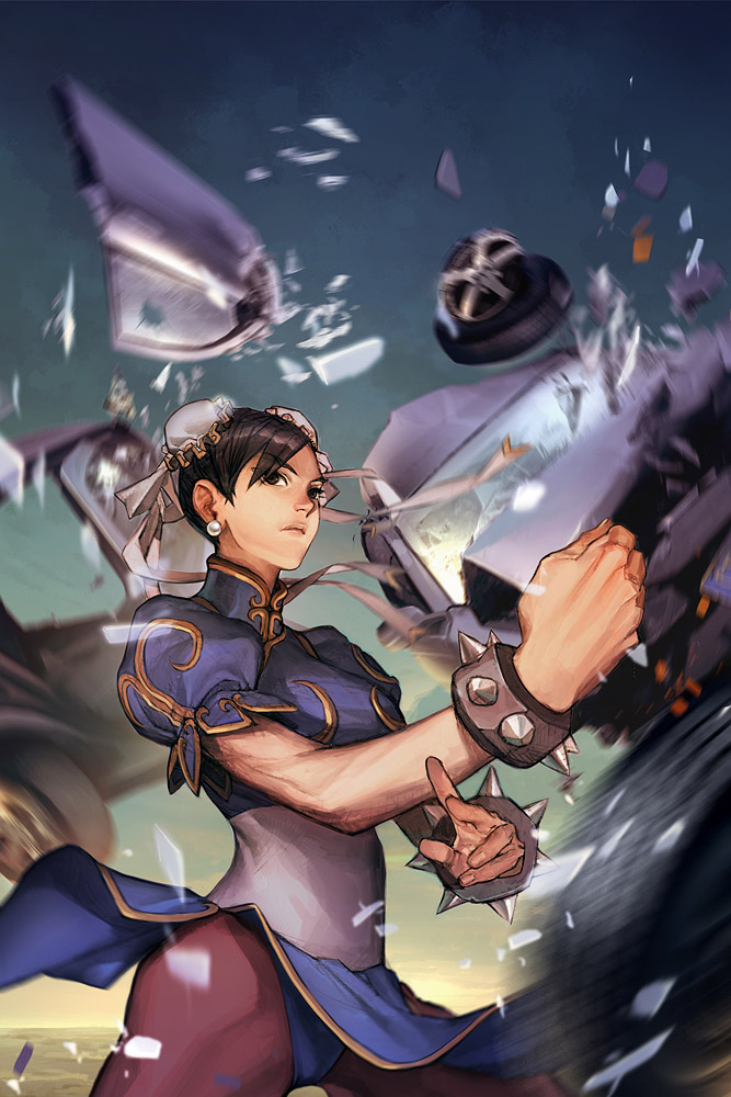 arnold tsang, udon entertainment, chun-li, capcom, street fighter, 1girl, bracelet, brown eyes, brown hair, bun cover, car, double bun, earrings, female focus, hair bun, jewelry, motor vehicle, pantyhose, pelvic curtain, punching, solo, spiked bracelet, spikes