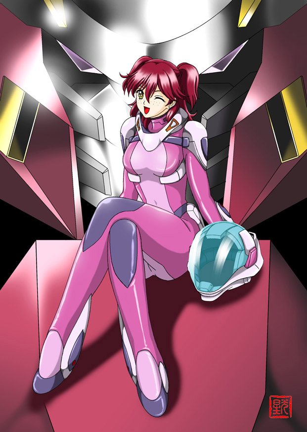 budspedy, geitassha, gundam throne drei, nena trinity, gundam, gundam 00, pilot suit, bad id, bad pixiv id, 00s, 1girl, crossed legs, freckles, helmet, mecha, one eye closed, red hair, robot, sitting, wink, yellow eyes