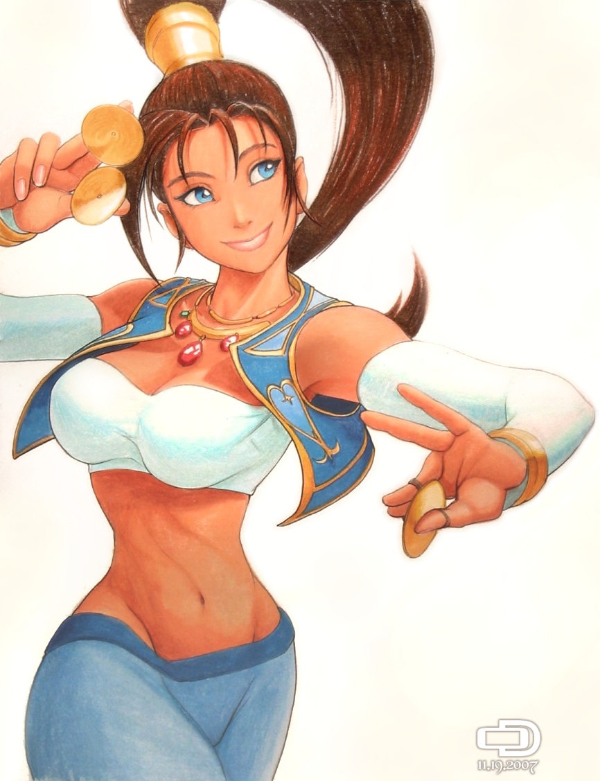 omar dogan, pullum purna, arika, capcom, street fighter, street fighter ex (series), looking away, 1girl, arabian clothes, bandeau, blue eyes, bracelet, breasts, brown hair, cleavage, dancer, dark-skinned female, dark skin, female focus, jewelry, large breasts, long hair, midriff, navel, necklace, ponytail, pullum, shirt, smile, solo, taut clothes, taut shirt, vest