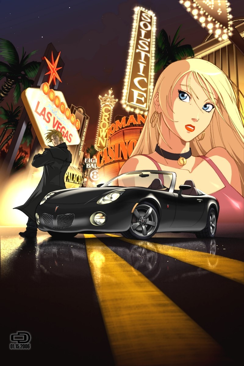 omar dogan, pontiac, highres, 1boy, 1girl, blonde hair, blue eyes, car, choker, earrings, jewelry, las vegas, lipstick, makeup, motor vehicle, pontiac solstice, vehicle focus