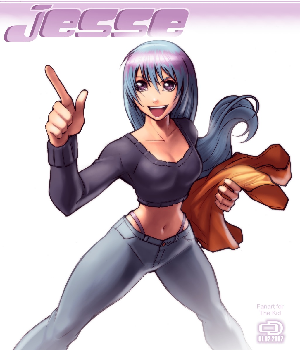 omar dogan, 1girl, blue hair, breasts, cleavage, crop top, denim, female focus, jeans, long hair, midriff, navel, open mouth, panties, pants, pointing, purple eyes, smile, solo, sweater, thong, underwear, very long hair