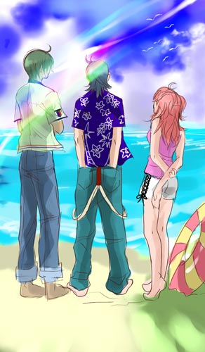 ask, ask (densicho), johann trinity, michael trinity, nena trinity, gundam, gundam 00, lowres, 00s, 1girl, barefoot, beach, brother and sister, brothers, innertube, red hair, shorts, siblings, sketch, swim ring
