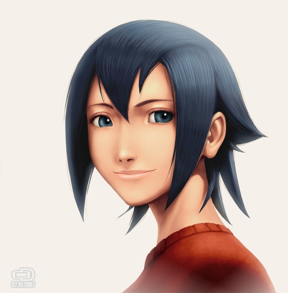 omar dogan, ayuhara natsu, capcom, justice gakuen, shiritsu justice gakuen, 1girl, blue eyes, blue hair, close-up, eyelashes, female focus, lips, matching hair/eyes, short hair, smile, solo