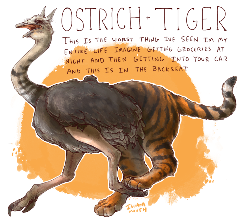 iguanamouth, original, commentary, english commentary, animal, animal focus, animal name, artist name, bird, black eyes, border, cat, creature, creature focus, english text, fantasy, feathered wings, full body, grey feathers, griffin, long neck, no humans, open mouth, orange background, orange fur, ostrich, simple background, tiger, typo, white border, wings