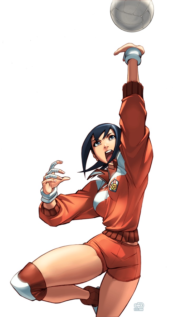 omar dogan, ayuhara natsu, capcom, justice gakuen, shiritsu justice gakuen, highres, 1girl, 2006, ball, bandages, breasts, female focus, open mouth, sleeves pushed up, solo, volleyball, volleyball (object), wristband