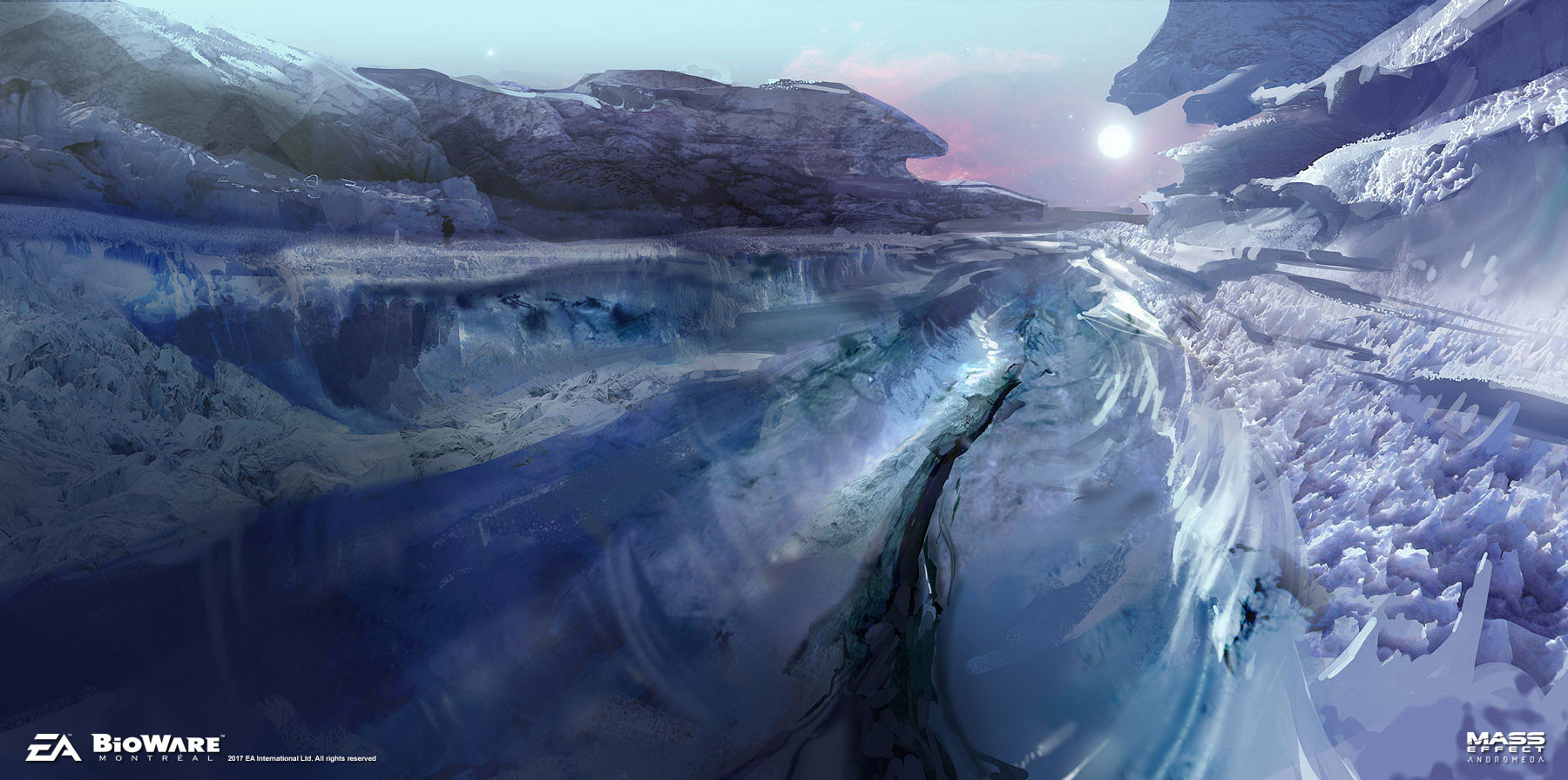 ben lo, mass effect (series), highres, canyon, from below, glowing, ice, ice spikes, mountainous horizon, no humans, painterly, reflective surface, scenery, sky, star (sky), starry sky, sun