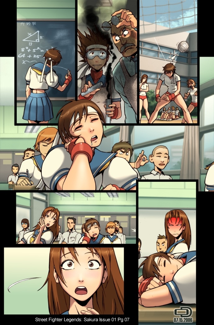 omar dogan, chitose kei, kasugano sakura, capcom, street fighter, 00s, 2006, 6+boys, 6+girls, angry, ball, blue sailor collar, brown hair, buruma, buzz cut, chalkboard, classroom, closed eyes, dated, drooling, facial hair, fingerless gloves, gloves, goggles, gym uniform, hachimaki, headband, holding, holding test tube, long hair, midriff, multiple boys, multiple girls, mustache, puffy sleeves, sailor collar, school, school uniform, serafuku, short hair, sitting, sleeping, surprised, teacher, teacher and student, test tube, very short hair, volleyball, volleyball (object)