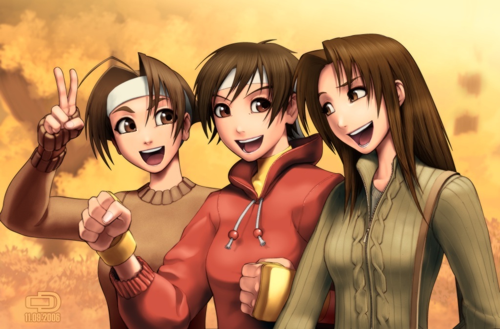 omar dogan, chitose kei, kasugano sakura, wakaba hinata, capcom, justice gakuen, shiritsu justice gakuen, street fighter, 00s, 2006, 3girls, :d, brown eyes, brown hair, clenched hands, dated, gloves, headband, hood, hood down, hoodie, long hair, long sleeves, looking at another, multiple girls, open mouth, parted bangs, short hair, smile, sweater, teeth, tongue, upper body, v, yellow background, zipper