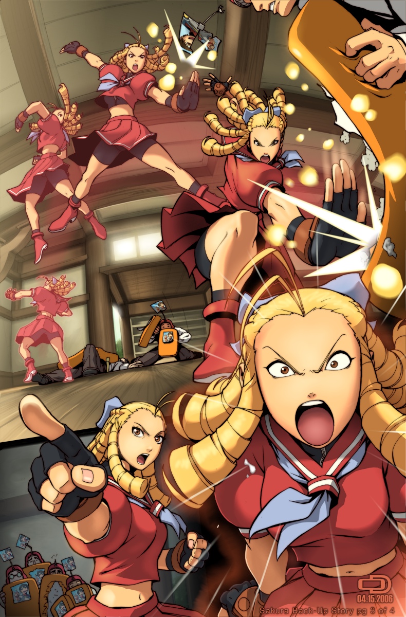 omar dogan, kanzuki karin, kasugano sakura, capcom, street fighter, street fighter zero (series), highres, 1990s (style), 1girl, fingerless gloves, gloves, midriff, navel, open mouth, ringlets, sequential