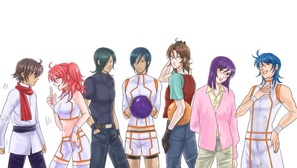 ask, ask (densicho), allelujah haptism, bad haro, johann trinity, lockon stratos, michael trinity, nena trinity, setsuna f. seiei, tieria erde, gundam, gundam 00, 00s, 1girl, 6+boys, blush, brother and sister, brothers, midriff, multiple boys, red hair, shorts, siblings, thighhighs, twintails, two side up, yellow eyes