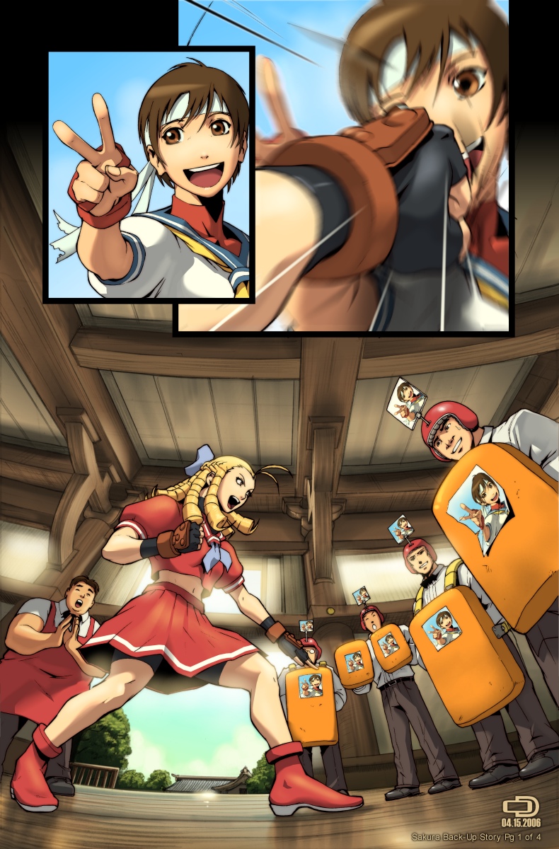 omar dogan, udon entertainment, ishizaki, kanzuki karin, kasugano sakura, capcom, street fighter, street fighter zero (series), highres, 1990s (style), 1girl, 2006, 5boys, :d, :o, ankle boots, antenna hair, apron, armor, belt, bike shorts, black bike shorts, blonde hair, blue neckerchief, blurry, boots, bow, bowtie, braid, breasts, brown eyes, brown hair, ceiling, clenched hand, closed eyes, cloud, comic, company logo, crop top, dated, dress shirt, fighting stance, fingerless gloves, from below, glasses, gloves, grin, hair bow, half up braid, headband, helmet, high heels, indoors, long hair, medium breasts, midriff, motion blur, motion lines, multiple boys, navel, neckerchief, necktie, open mouth, own hands together, pants, photo (object), pleated skirt, plump, profile, punching, punching bag, red serafuku, retro artstyle, ringlets, sailor collar, school uniform, serafuku, shirt, shoes, shorts, shorts under skirt, skirt, sky, smile, speed lines, standing, tan, teeth, training, tree, turtleneck, upper teeth only, v, wooden floor