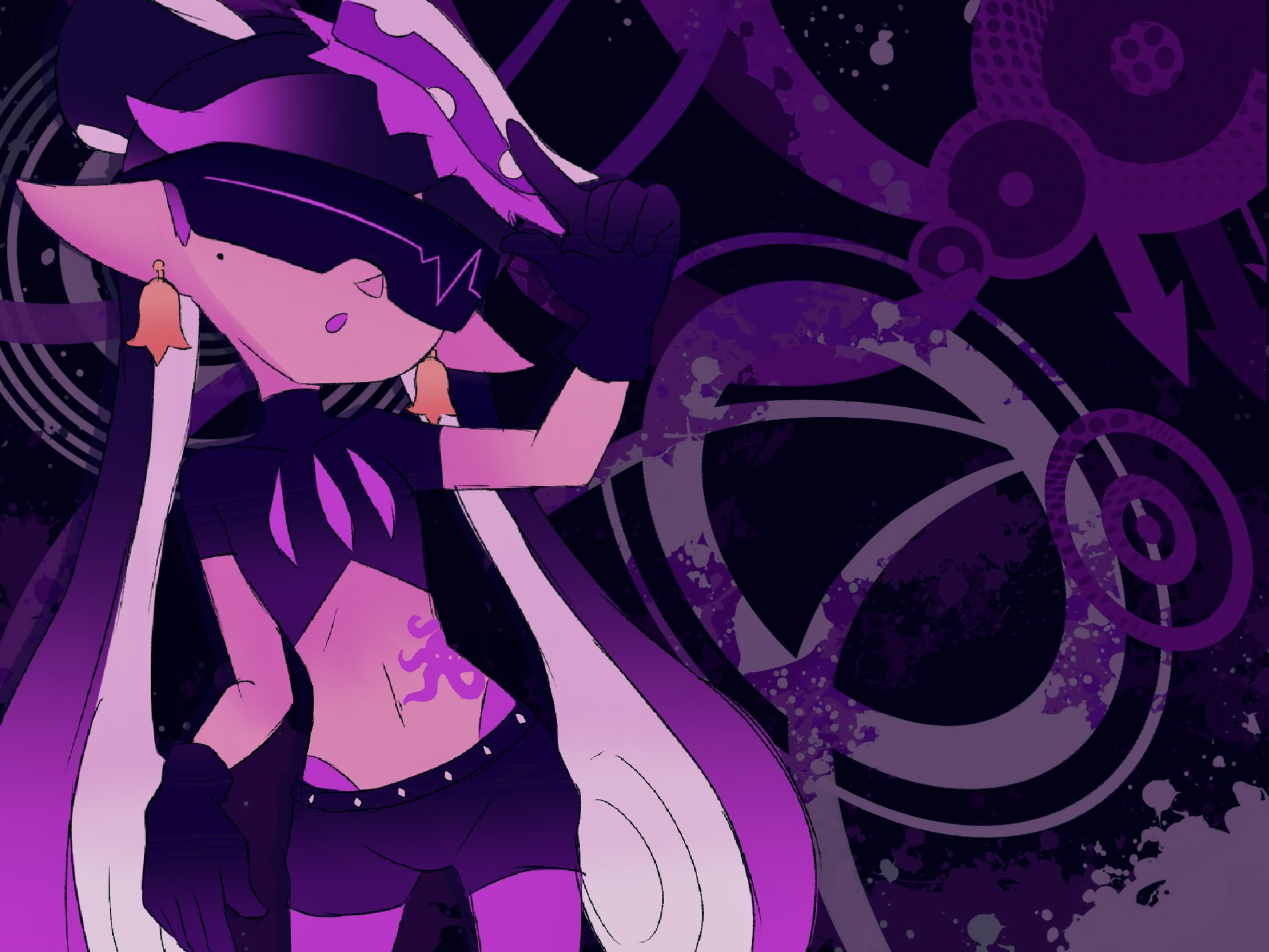 callie (octo idol outfit) (splatoon), callie (splatoon), nintendo, splatoon (series), splatoon 2, highres, 1girl, arm up, bell, bell earrings, black background, black gloves, black hair, circle, crop top, ear piercing, earrings, food, food on head, gloves, gradient hair, inkling, jewelry, leggings, long hair, lower body, mole, mole under eye, multicolored hair, navel, object on head, official alternate costume, pantyhose, piercing, pointy ears, short sleeves, shorts, simple background, solo, sunglasses, tattoo, tentacle hair, thong, tinted eyewear, turtleneck, twintails, wamairii
