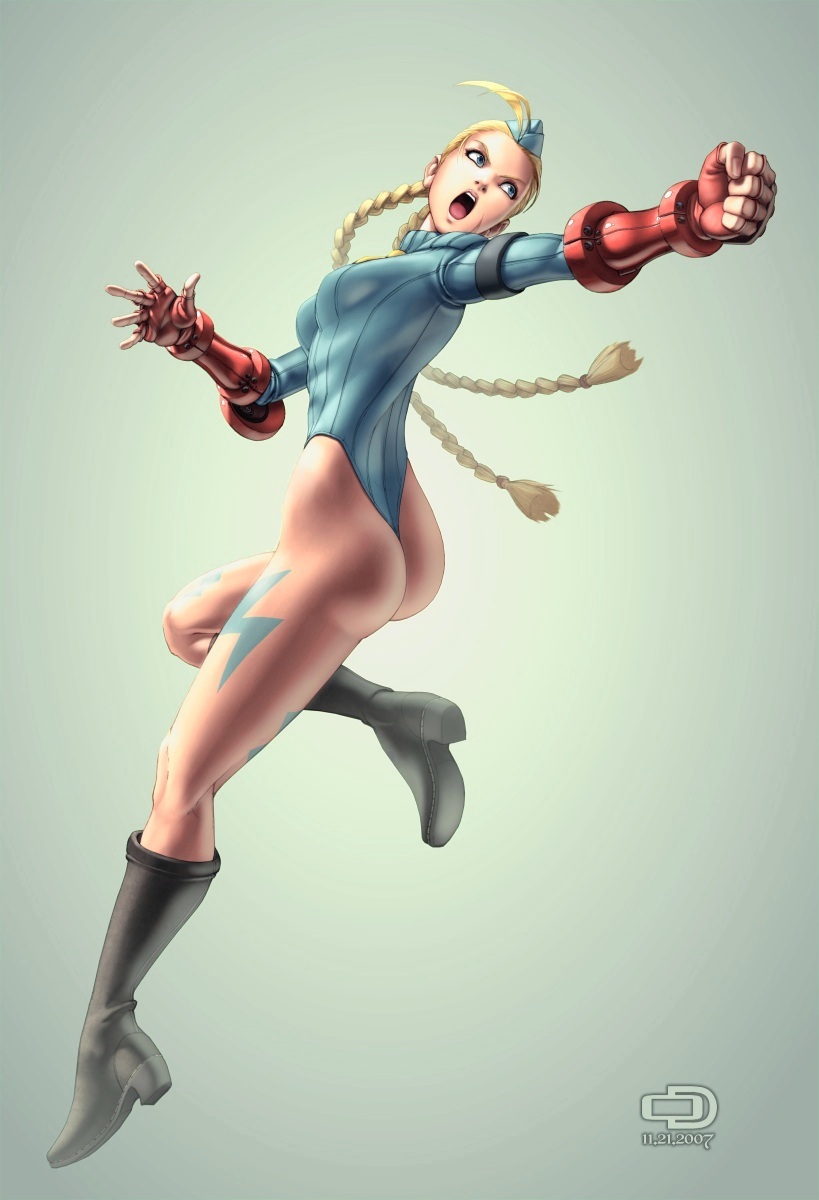 omar dogan, bass, cammy white, capcom, street fighter, highres, 1girl, ahoge, blonde hair, blue eyes, blue leotard, boots, braid, breasts, female focus, garrison cap, hat, high heel boots, high heels, large breasts, leotard, long hair, sleeved leotard, solo, thong leotard, twin braids, twintails