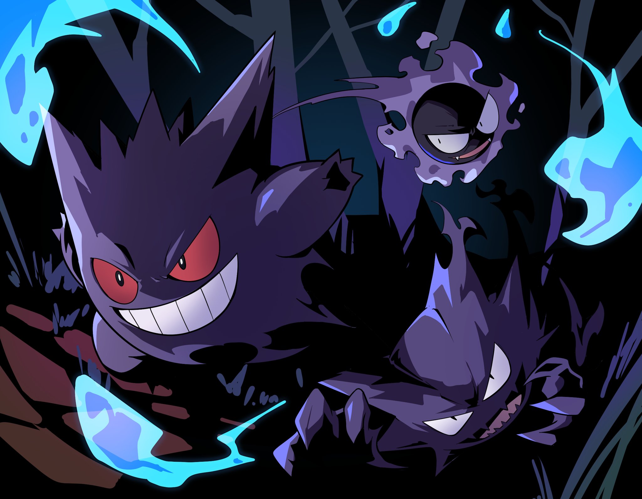 poyo party, gastly, gengar, haunter, nintendo, pokemon, commentary, highres, symbol-only commentary, bare tree, black eyes, colored sclera, evolutionary line, fangs, floating, forest, gen 1 pokemon, grass, grin, hitodama, nature, night, no humans, open mouth, outdoors, pokemon (creature), rayman limbs, red sclera, sharp teeth, smile, teeth, tree