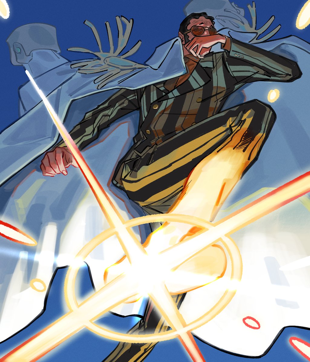 kizaru (one piece), one piece, commentary, highres, symbol-only commentary, 1boy, black hair, blue sky, buttons, coat, coat on shoulders, foot out of frame, foot up, jacket, long sleeves, male focus, outdoors, pants, short hair, sky, solo, striped clothes, striped jacket, striped pants, sunglasses, suuso mii, white coat, yellow jacket, yellow pants