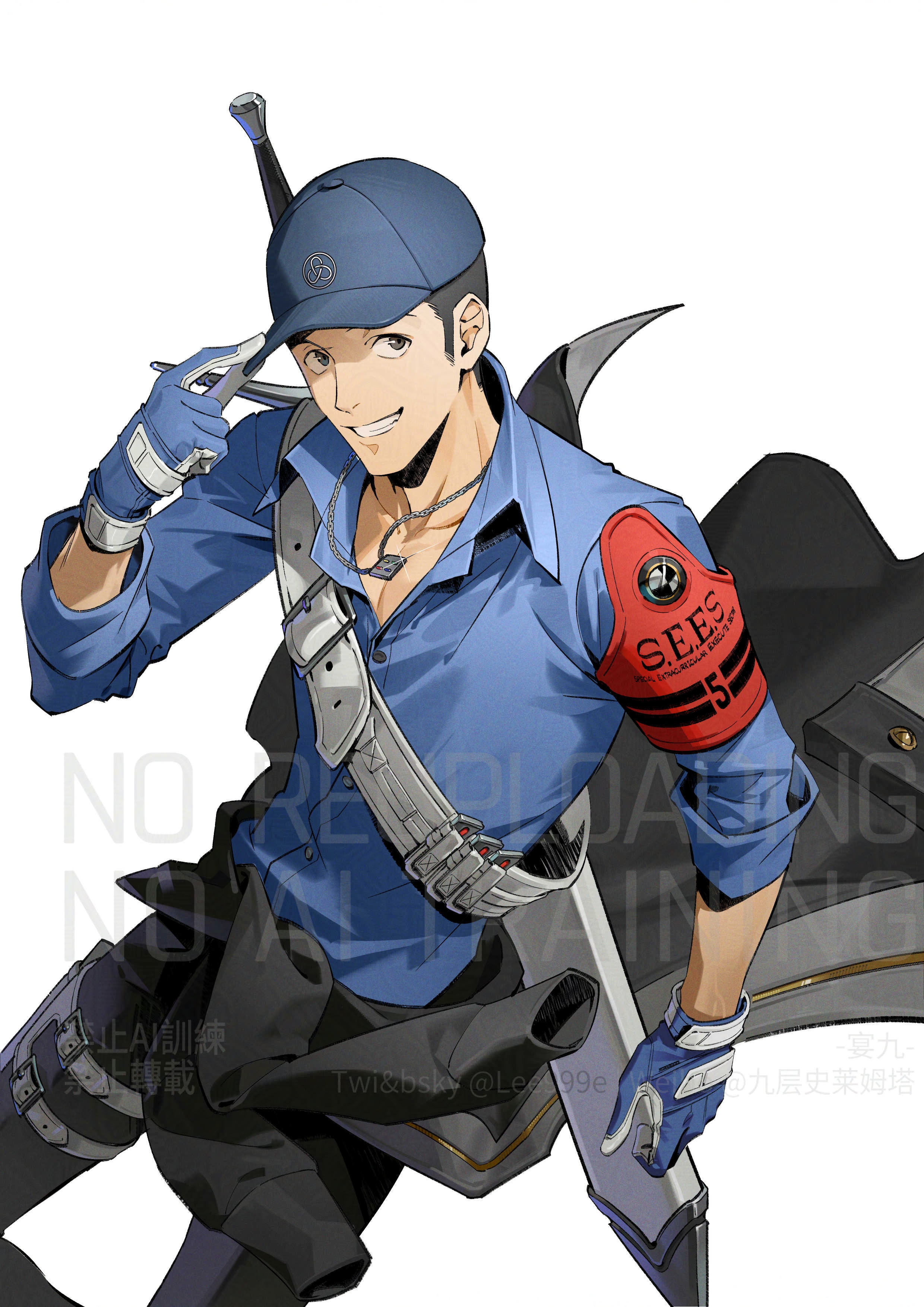 lee999nine, iori junpei, persona, persona 3, persona 3 reload, absurdres, hashtag-only commentary, highres, 1boy, armband, baseball cap, black hair, black jacket, black pants, blue gloves, blue hat, blue shirt, clothes around waist, collared shirt, feet out of frame, gloves, hat, holster, jacket, jacket around waist, jewelry, looking at viewer, male focus, necklace, pants, parted lips, red armband, s.e.e.s, shirt, short hair, sleeves rolled up, smile, solo, sword, sword on back, thigh holster, weapon, weapon on back, white background