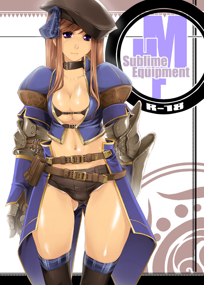 thomasz, vagrant (artist), capcom, monster hunter (series), monster hunter frontier, plaid, 1girl, armor, azure (armor), belt, belt bra, belt pouch, beret, black bra, black thighhighs, blue eyes, bow, bra, breasts, brown hair, chainmail, cleavage, collar, collarbone, cover, cover page, crop top, denim, denim shorts, female focus, gauntlets, gloves, hat, large breasts, lingerie, long hair, looking at viewer, midriff, navel, open clothes, open shirt, pouch, shiny skin, shirt, short shorts, shorts, sidelocks, skirt, smile, solo, standing, strap, swept bangs, thighhighs, thighs, underboob, underwear