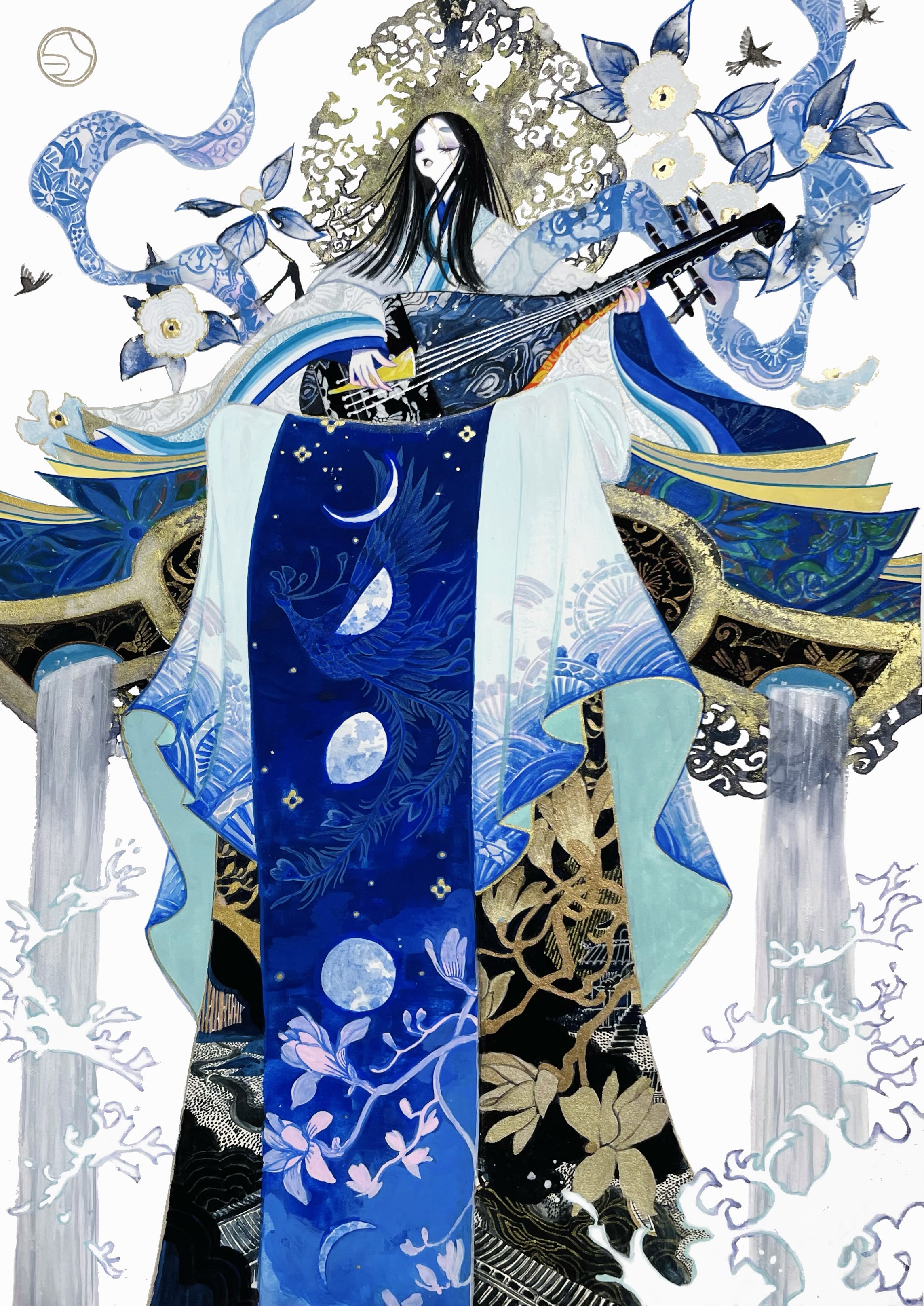 shiguretau, original, absurdres, highres, 1girl, animal print, artist logo, bird, bird print, black eyeshadow, black hair, blue kimono, closed eyes, colored fingertips, eyelashes, eyeshadow, flower, holding, instrument, japanese clothes, karaginu mo, kimono, layered kimono, logo, long hair, makeup, moon print, music, open mouth, playing instrument, print kimono, shamisen, singing, sitting, solo, thick eyebrows, wide sleeves