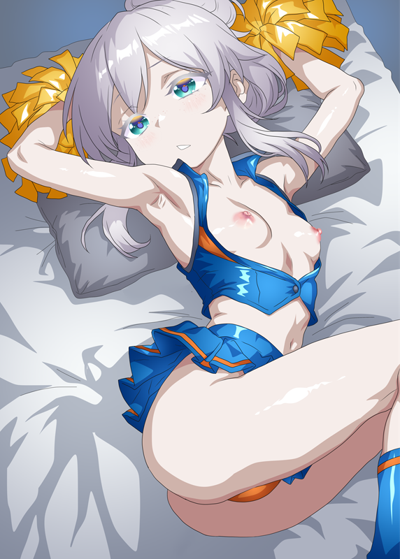 minazuki noumu, deux murasame, gundam, gundam gquuuuuux, commentary request, 1girl, aqua eyes, armpits, arms up, bed, bed sheet, blue skirt, breasts, cheerleader, cowboy shot, head on pillow, looking to the side, midriff, miniskirt, navel, nipples, on bed, open clothes, orange panties, panties, pillow, pleated skirt, pom pom (cheerleading), skirt, small breasts, thighs, underwear, updo, white hair
