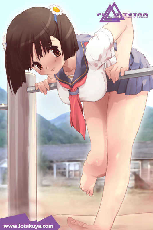 io takuya, 1girl, barefoot, breasts, female focus, hanging breasts, large breasts, legs, school uniform, serafuku, solo
