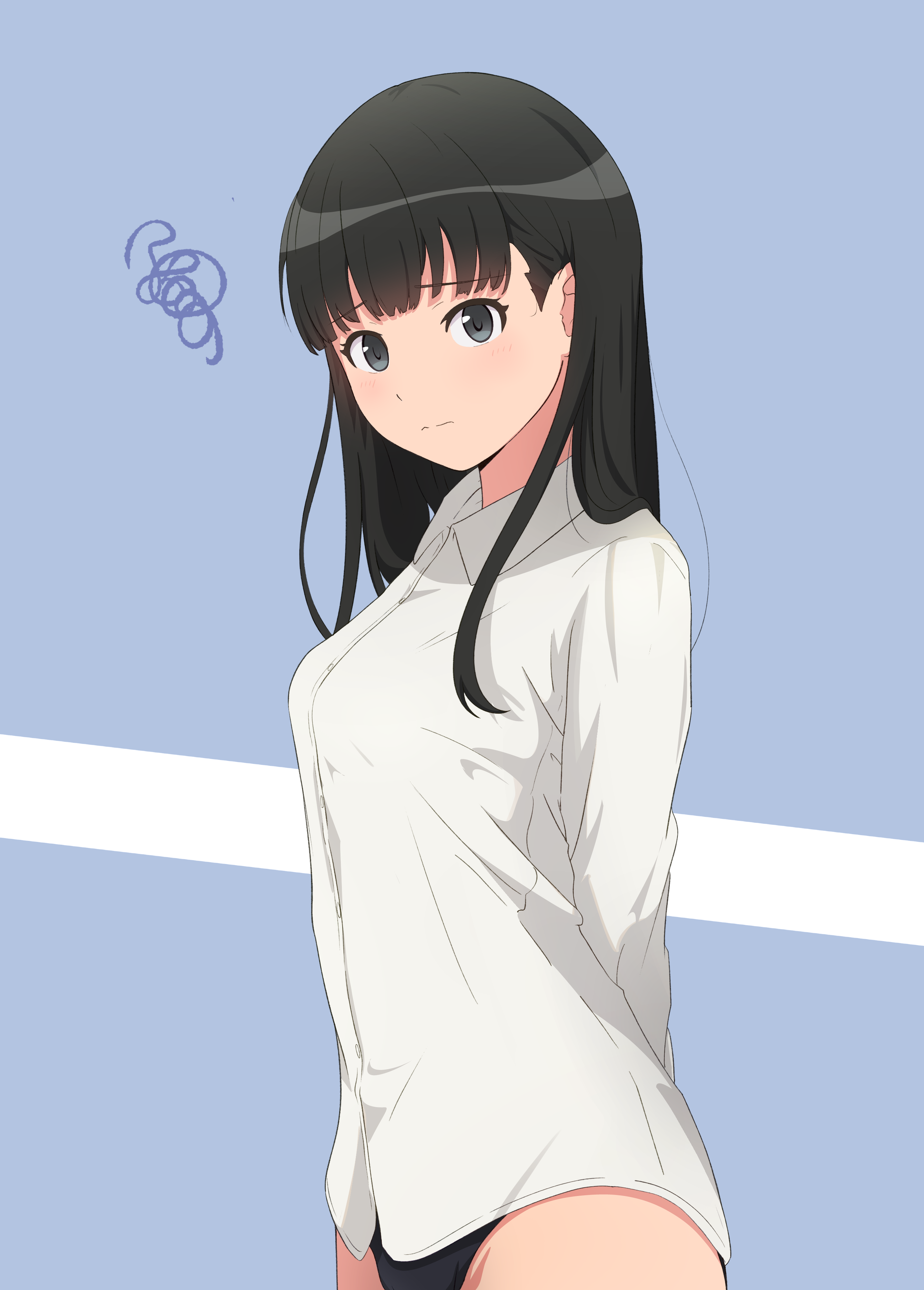 kagari ds, ayatsuji tsukasa, amagami, absurdres, commentary request, highres, 1girl, arms behind back, black eyes, black hair, black one-piece swimsuit, blue background, closed mouth, collared shirt, cowboy shot, from side, long hair, long sleeves, looking at viewer, one-piece swimsuit, shirt, solo, straight hair, swimsuit, swimsuit under clothes, two-tone background, white background, white shirt