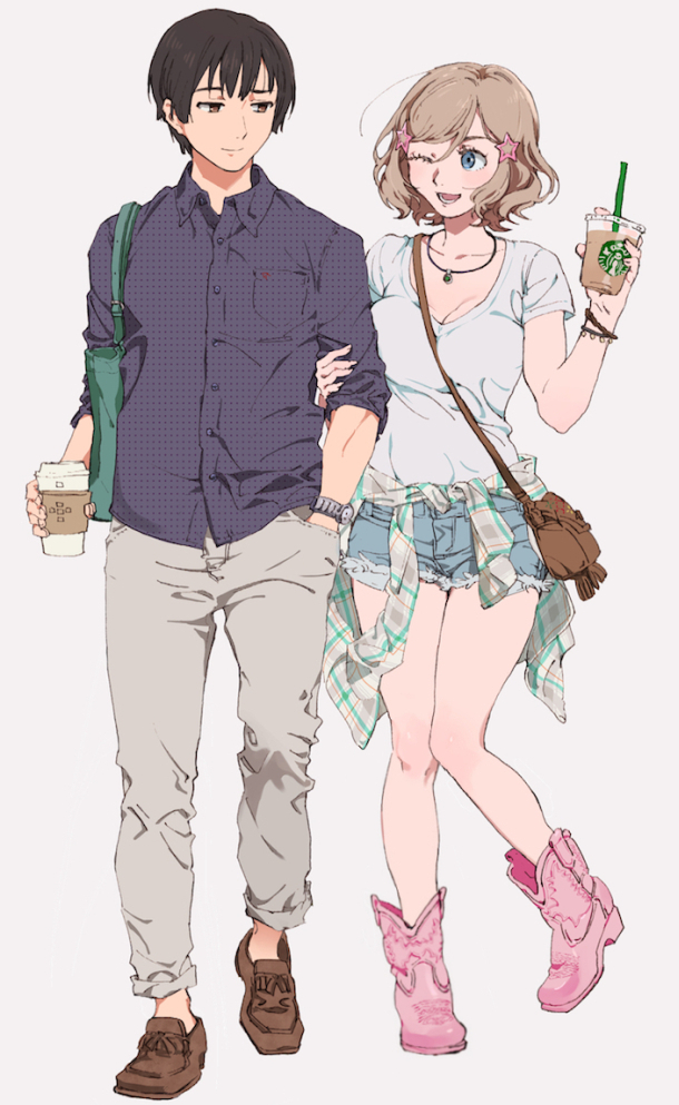 america (hetalia), japan (hetalia), axis powers hetalia, starbucks, commentary request, 1boy, 1girl, ;d, ahoge, america (female) (hetalia), bag, between breasts, black hair, blonde hair, blue eyes, blue shirt, bob cut, boots, bracelet, breast pocket, breasts, brown bag, brown eyes, brown shoes, choppy bangs, cleavage, clothes around waist, cocked eyebrow, collared shirt, contemporary, couple, cowboy boots, cup, denim, denim shorts, disposable coffee cup, disposable cup, drinking straw, eye contact, full body, genderswap, genderswap (mtf), grabbing another's arm, green bag, grin, hair between eyes, hair ornament, hairpin, hand in pocket, hand up, hetero, holding, holding cup, jewelry, knee blush, knees together feet apart, light blush, loafers, looking at another, lower teeth only, metsunemaji83, multiple hairpins, necklace, no socks, one eye closed, open mouth, pants, pants rolled up, parted bangs, partially unbuttoned, pink boots, plaid clothes, plaid shirt, pocket, shirt, shirt around waist, shoes, short hair, short shorts, short sleeves, shorts, shoulder bag, side-by-side, simple background, sleeves rolled up, smile, standing, standing on one leg, star (symbol), star hair ornament, strap between breasts, t-shirt, teeth, torn clothes, torn shorts, v-neck, watch, wavy hair, white background, white pants, white shirt, wristwatch