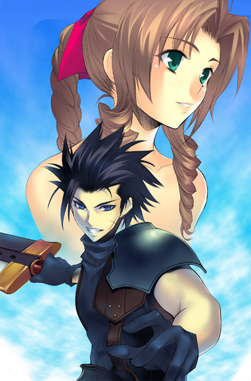 azu, aerith gainsborough, zack fair, crisis core final fantasy vii, final fantasy, final fantasy vii, 1990s (style), 1boy, 1girl, bare shoulders, black hair, blue eyes, braid, brown hair, drill hair, gloves, green eyes, long hair, parted lips, ponytail, short hair, single braid, upper body