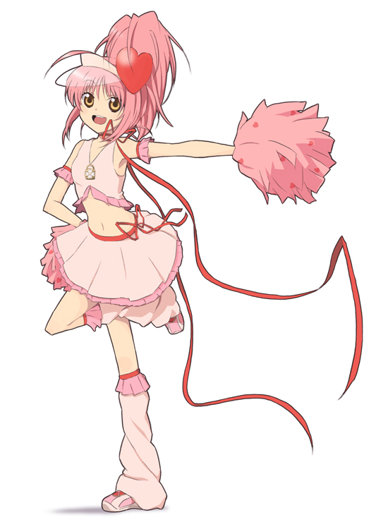 natsuki heru, amulet heart, hinamori amu, shugo chara!, visor, 1girl, boots, cheerleader, female focus, heart, loose socks, magical girl, navel, pink boots, pink hair, skirt, socks, solo, visor cap, yellow eyes