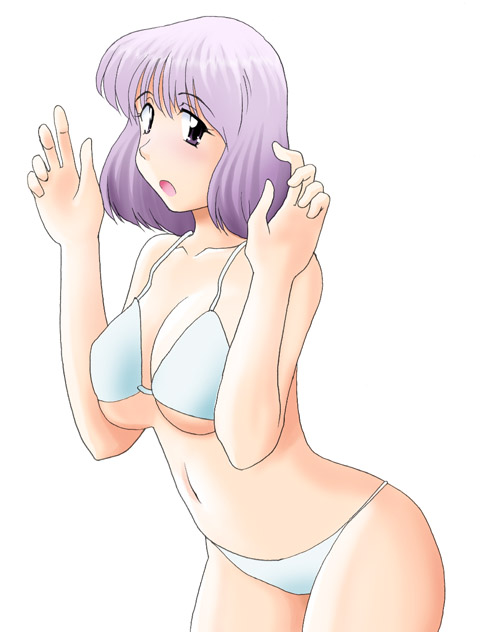 sage tory, sannomiya shiho, zettai karen children, 00s, 1girl, aged up, bikini, breasts, female focus, hands up, large breasts, open mouth, purple eyes, purple hair, simple background, solo, swimsuit, white background