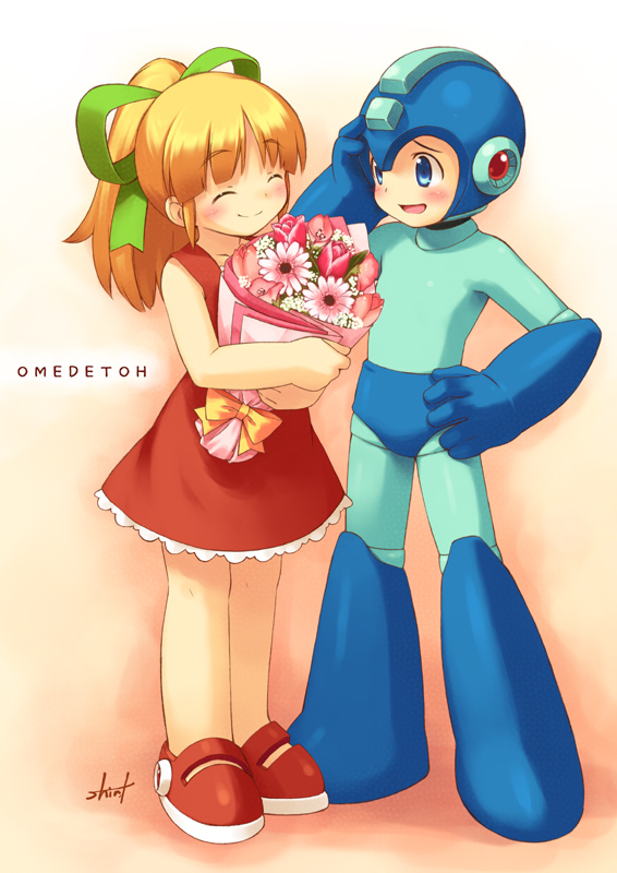 inou shin, mega man (character), roll (mega man), capcom, mega man (classic), mega man (series), 1boy, 1girl, blonde hair, bouquet, closed eyes, dress, flower, hair ribbon, red skirt, ribbon, skirt, smile