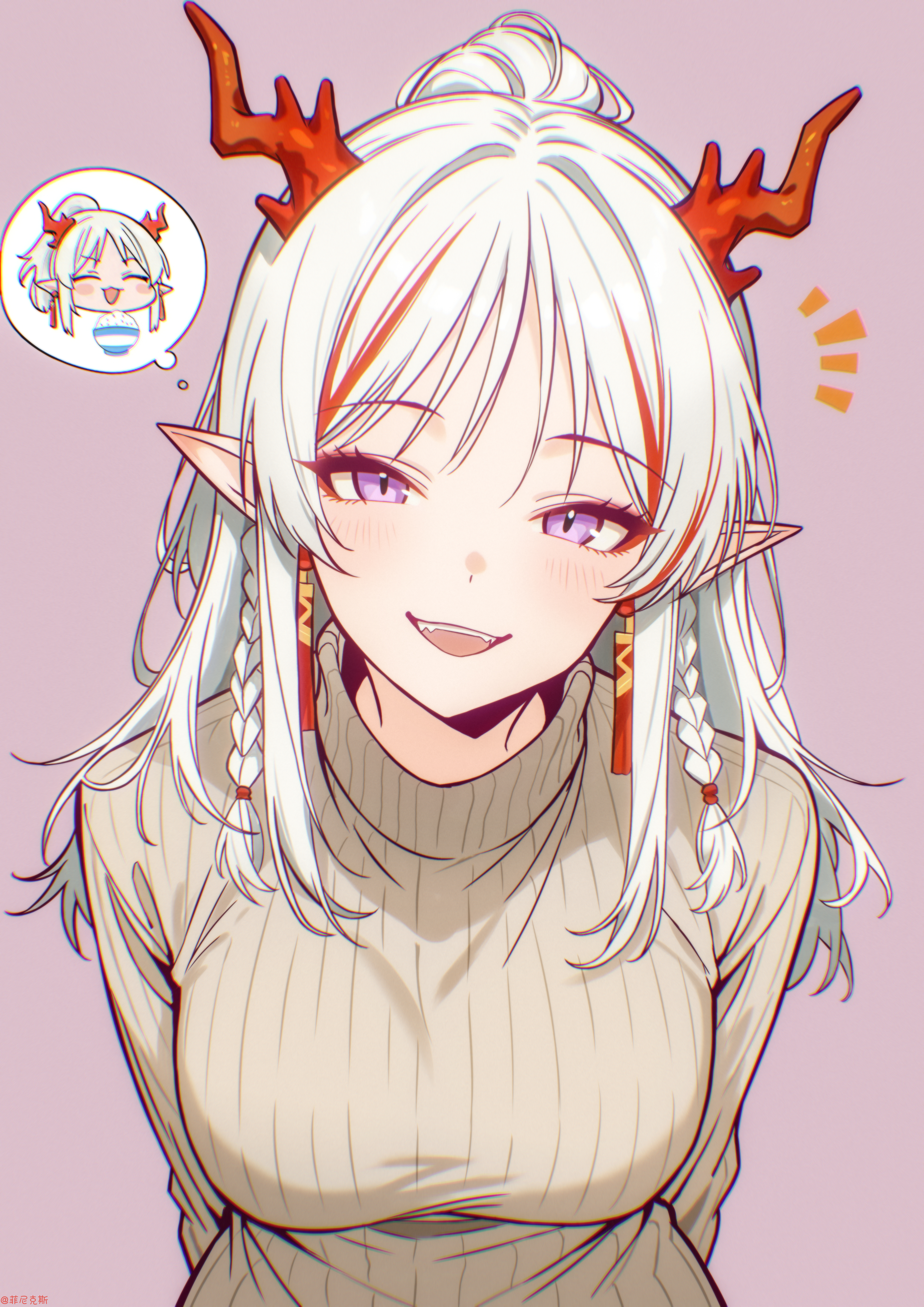 phoenix (lanzilong646), nian (arknights), arknights, absurdres, commentary request, highres, 1girl, :d, arms behind back, blush, braid, breasts, casual, dragon girl, dragon horns, eyeshadow, fangs, happy, horns, large breasts, long hair, looking at viewer, makeup, medium breasts, multicolored hair, open mouth, orange eyeshadow, orange hair, ponytail, purple eyes, slit pupils, smile, solo, streaked hair, teeth, twin braids, two-tone hair, upper body, upper teeth only, vertical-striped sweater, white hair