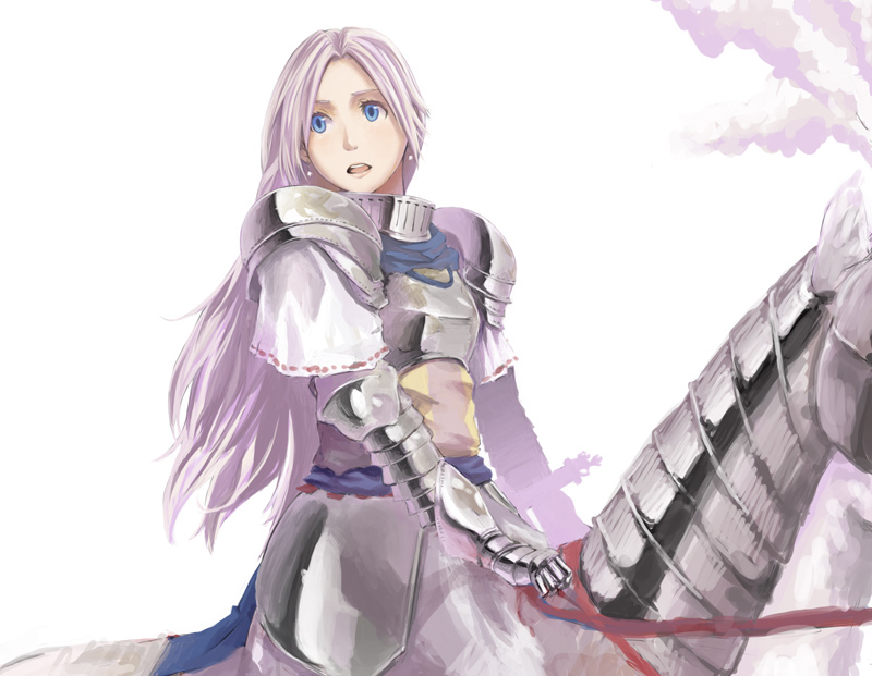 tamaru tokihiko, original, light purple hair, looking away, 1girl, animal, armor, blue eyes, breastplate, couter, earrings, fantasy, female focus, from side, gauntlets, holding, horse, horseback riding, jewelry, long hair, looking at viewer, parted bangs, pauldrons, pink hair, plant, riding, shoulder armor, simple background, solo, straddling, sword, tree, upright straddle, very long hair, weapon, white background
