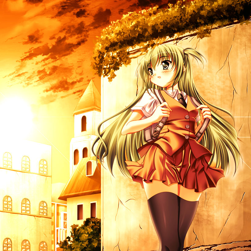 momo at ten, alice carroll, aria (manga), 00s, cloud, school uniform, serafuku, sky, solo, sunset, thighhighs, vest, zettai ryouiki